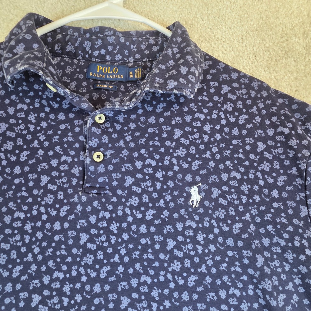 Polo Ralph Lauren Mens XL Classic Fit Navy Blue Floral Print Short Sleeve Polo